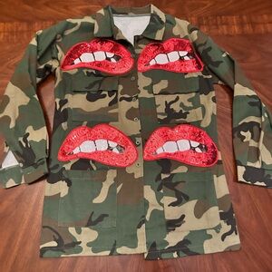 Hot Lips Camouflage Jacket with Red Sequin Lips NWOT